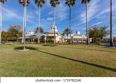 Jacksonville, Florida / USA - May 1 2020: Neighborhood Community Clubhouse With Palm Trees Out Front