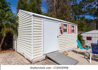 Jacksonville, Florida / USA - May 2 2020: Outdoor Storage Shed In A Residential Backyard