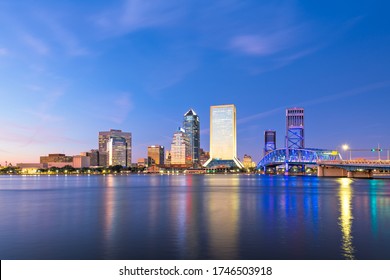 Jacksonville, Florida, USA Skyline On The River At Twilight.