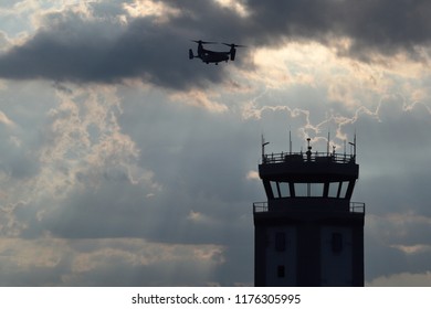 Jacksonville, NC / USA - September 8, 2016: Military Osprey Flies Over OAJ Airport