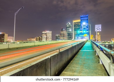 Jacksonville Skyline At Night From The Bridge.