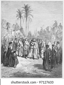 Jacob and Esau meet again - Picture from The Holy Scriptures, Old and New Testaments books collection published in 1885, Stuttgart-Germany. Drawings by Gustave Dore.