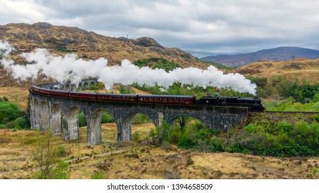 Jacobite Express Steam Train Crossing Glenfinnan Viaduct.