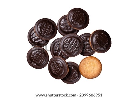 Jaffa Cakes, Cookies covered with dark chocolate and filled with orange marmalade.  Isolated, white background