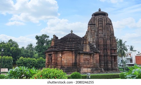 Façade of Jagamohana and Vimana of Rajarani Temple. 11th century Odisha style temple constructed dull red and yellow sandstone, Bhubaneswar, Odisha, India.