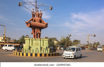 Jagdalpur ,20 December,2011:Tribal Bison Horn Dancers Sculptures Larger Than Life Installed As Folk Art On City Road Circles And Squares, Jagdalpur,
Bastar,Chhattisgarh,India,Asia
