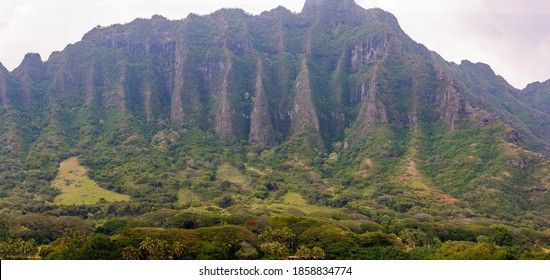 Jagged mountain peak, Oahu, Hawaii. Koolau Mountain Range running down entire east side of island.