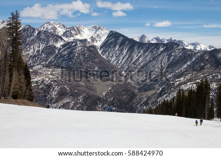 Jagged, scenic mountains on Demon run at Purgatory ski resort in Durango, Colorado
