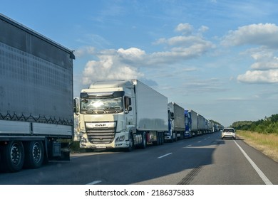 Jagodzin, Ukraine - June 26, 2022: Many Lorry Trucks Waiting In Huge Queue At Polish-Ukrainian Road Border Crossing