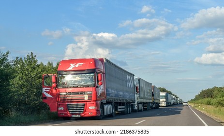 Jagodzin, Ukraine - June 26, 2022: Many Lorry Trucks Waiting In Huge Queue At Polish-Ukrainian Road Border Crossing