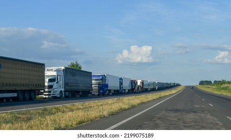 Jagodzin, Ukraine - June 26, 2022: Many Lorry Trucks Waiting In Huge Queue At Polish-Ukrainian Road Border Crossing