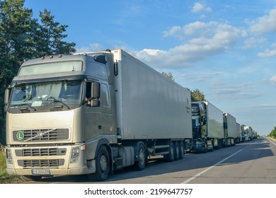 Jagodzin, Ukraine - June 26, 2022: Many Lorry Trucks Waiting In Huge Queue At Polish-Ukrainian Road Border Crossing