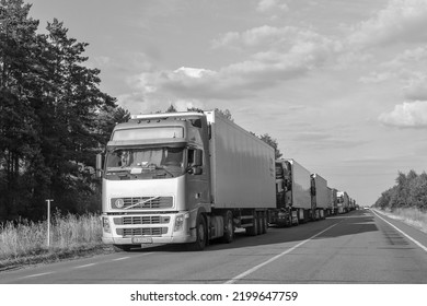 Jagodzin, Ukraine - June 26, 2022: Many Lorry Trucks Waiting In Huge Queue At Polish-Ukrainian Road Border Crossing