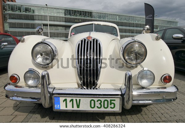 Jaguar car veteran. Exhibition of\
vintage cars in Prague. Czech Republic. April 17th\
2016.