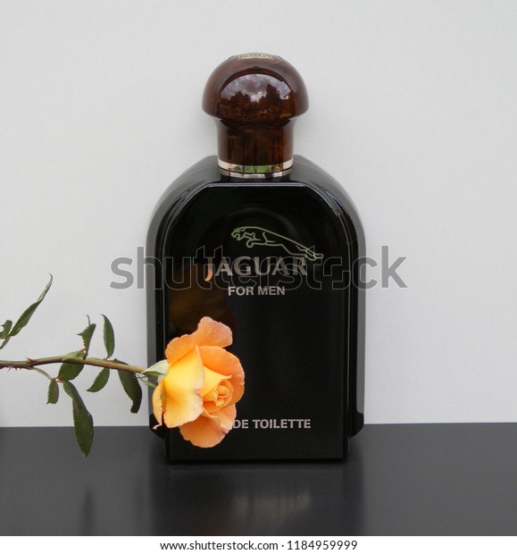 Jaguar for Men Eau de Toilette, large perfume\
bottle decorated with a rose\
Kassel Germany, 09.15. 2018 : Jaguar\
for Men is a men\'s fragrance launched in 1988 created by the\
perfumer Dominique\
Preyssas