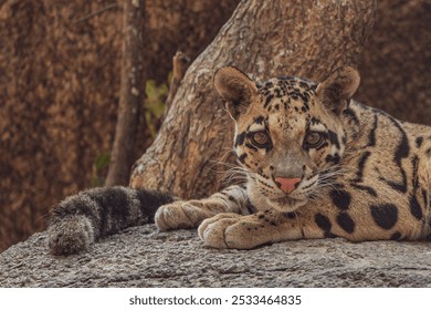 A jaguar resting on a rock in a forest setting - Powered by Shutterstock