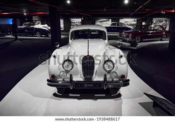 Jaguar XK140 (1956). Classic Sports car of the\
British company Jaguar, produced in the period from 1954 to 1957.\
luxury car. Classic Car exhibition - Heydar Aliyev Center, Baku,\
Azerbaijan 26,04,2017