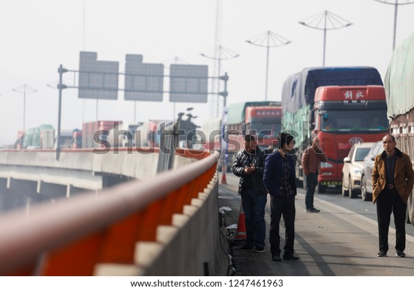 JAINGXI CHINA-February 12, 2018: China Spring
Festival Transport, foggy weather led to high-speed closure, Hubei
Jiangxi junction high-speed, causing serious traffic congestion for
several kilometers.