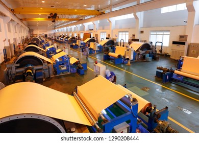 JAINGXI CHINA:January 19, 2019: Workers On A Copper Foil Production Line For Electronic Lithium Batteries In Jiangxi Province. For The First Time, China's GDP Surpassed 90 Trillion Yuan, Up 6.6%.