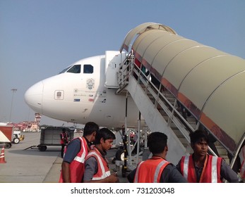 Jaipur Airport, Rajasthan, India, 9th October 2017: Maintenance Staff Outside The Go Air Aircraft.