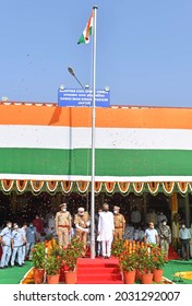 
Jaipur, India, August 15, 2021: Rajasthan Chief Minister Ashok Gehlot Stands For National Anthem After Hoisting Indian National Flag Tricolor During 75th Independence Day Celebrations In Jaipur.