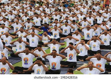 Jaipur, India, June 21, 2016: People Perform Yoga During International Day Of Yoga At Sawai Mansingh Stadium In Jaipur. Photo: Sumit Saraswat