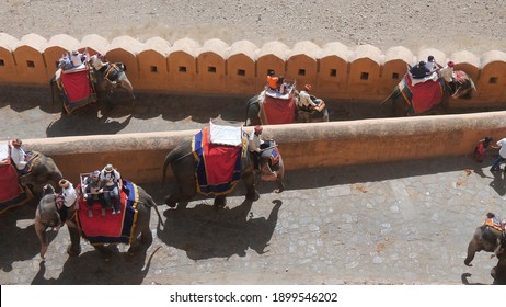 JAIPUR, INDIA - MARCH 22, 2019: high angle view of elephants at amber fort in jaipur, india