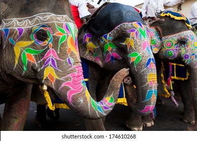 Jaipur, India - March 29: painted elephants in the celebration of the gangaur festival, one of the most important of the year march 29 2009 in Jaipur, Rajasthan, India