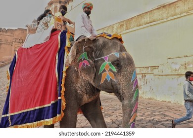 Jaipur, India - Nov-2021 : Tourist Enjoying Elephant Ride At Amer Fort Jaipur