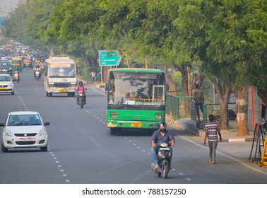 Jaipur, India - November 16, 2017: Vehicles Moving Down The Road.