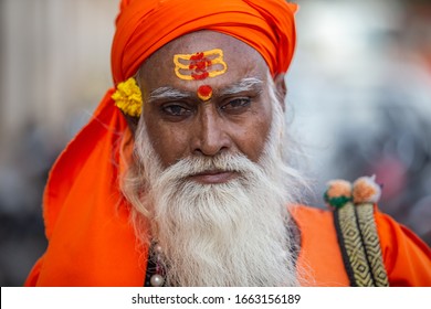 Jaipur, India - October 27, 2016: Indian man in orange a turban, Jaipur India