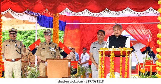 Jaipur, India, September 2, 2022: Rajasthan Chief Minister Ashok Gehlot Addresses During Convocation Parade Ceremony At Rajasthan Police Academy In Jaipur.