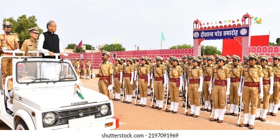 Jaipur, India, September 2, 2022: Rajasthan Chief Minister Ashok Gehlot Inspect The Guard Of Honour During Convocation Parade Ceremony At Rajasthan Police Academy In Jaipur.