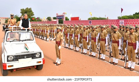 Jaipur, India, September 2, 2022: Rajasthan Chief Minister Ashok Gehlot Inspect The Guard Of Honour During Convocation Parade Ceremony At Rajasthan Police Academy In Jaipur.