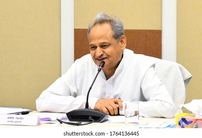 Jaipur, Rajasthan, India, June 26, 2020: Chief Minister Ashok Gehlot Speaks In A Online Workshop On Technical Education At Bikaner Technical University, Through Video Conference From Jaipur.