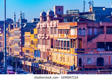 Jaipur, Rajasthan, India - March 2020:  Pink Building In Downtown City Jaipur, Rajasthan, In India. Jaipur Is One Of Indian Golden Triangle Tourist Destination