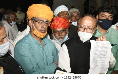 Jaipur, Rajasthan, India, Nov. 11, 2020: Gurjar Community Leader Colonel Kirori Singh Bainsla's Son Vijay Bainsla Addresses Media Outside CMR In Jaipur. Energy Minister BD Kalla Is Also Seen.