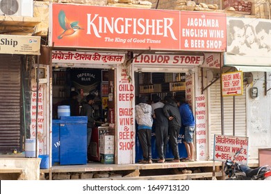 Jaisalmer, India - December 6, 2019: People Standing At The Counter Of A Liquor Store.