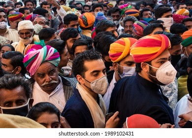 Jaisalmer, India- January 15 2021: People Try To Pass Through The Crowd To Enter The Coronation Ceremony