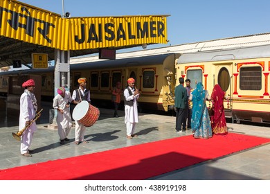 Jaisalmer, India - March 13, 2016: Musicians Playing Traditional Rajasthani Music For Passangers Of Luxury Train Palace On Wheels In Jaisalmer, India.