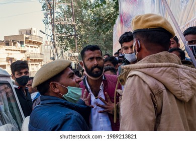 Jaisalmer, Rajasthan, India - January 12 2021: Man Fights With The Police In Crowded Place