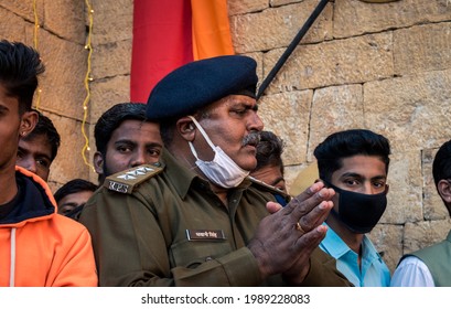  Jaisalmer, Rajasthan, India - January 15 2021: Police Tries To Control The Crowd Came To See The Coronation Ceremony