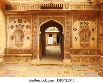 Jaisalmer, Rajasthan, India - November 2019 : Intricated stone carvings at Jawahir Vilas - Mandir Palace