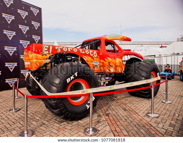 JAKARTA, APRIL 24th 2018 : A big foot off road vehicle,\
displayed at Indonesia International Motor Show - IIMS 2018. Very\
big tires. 