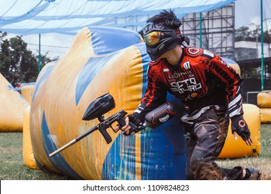Jakarta, DKI Jakarta / Indonesia - April 1 2018: Speedball paintball game in Red Dynasty Paintball Park Indonesia