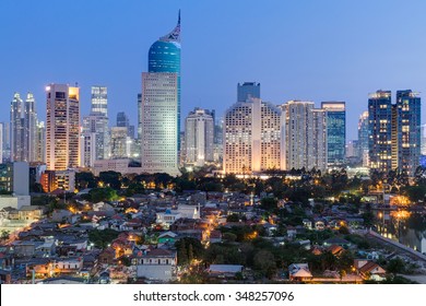Jakarta downtown skyline with high-rise buildings at sunset
