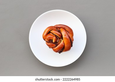 Jakarta Indonesia, 1 November 2022, Nutella Babka Bread Served On Plate Isolated On Gray Background, Top View