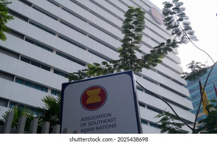 Jakarta, Indonesia - 14 August 2021: Logo Of ASEAN Secretariat At Sign Board And Top Of Its Building.