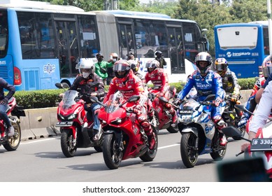 Jakarta, Indonesia - 16 March 2022. Parade MotoGP Mandalika, Indonesia At Jakarta Street. Featured Marc Márquez, Francesco Bagnaia,  Álex Rins, And More.