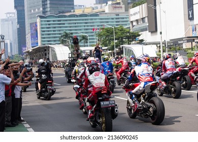 Jakarta, Indonesia - 16 March 2022. Parade MotoGP Mandalika, Indonesia At Jakarta Street. Featured Marc Márquez, Francesco Bagnaia,  Álex Rins, And More.